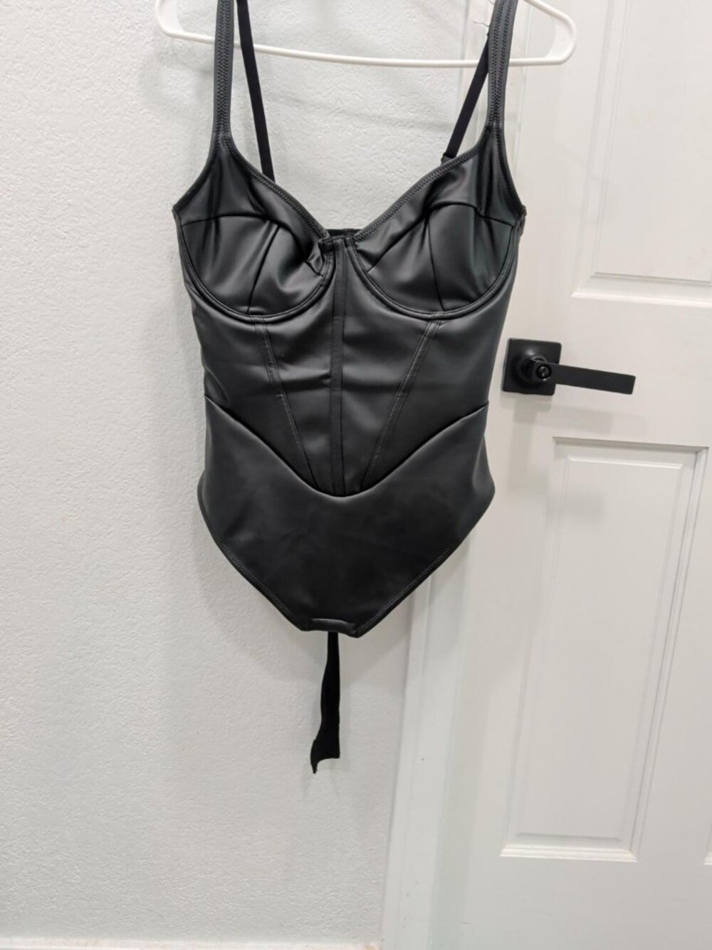Popilush Black Faux Leather Bustier Corset Bodysuit Adjustable Straps Medium